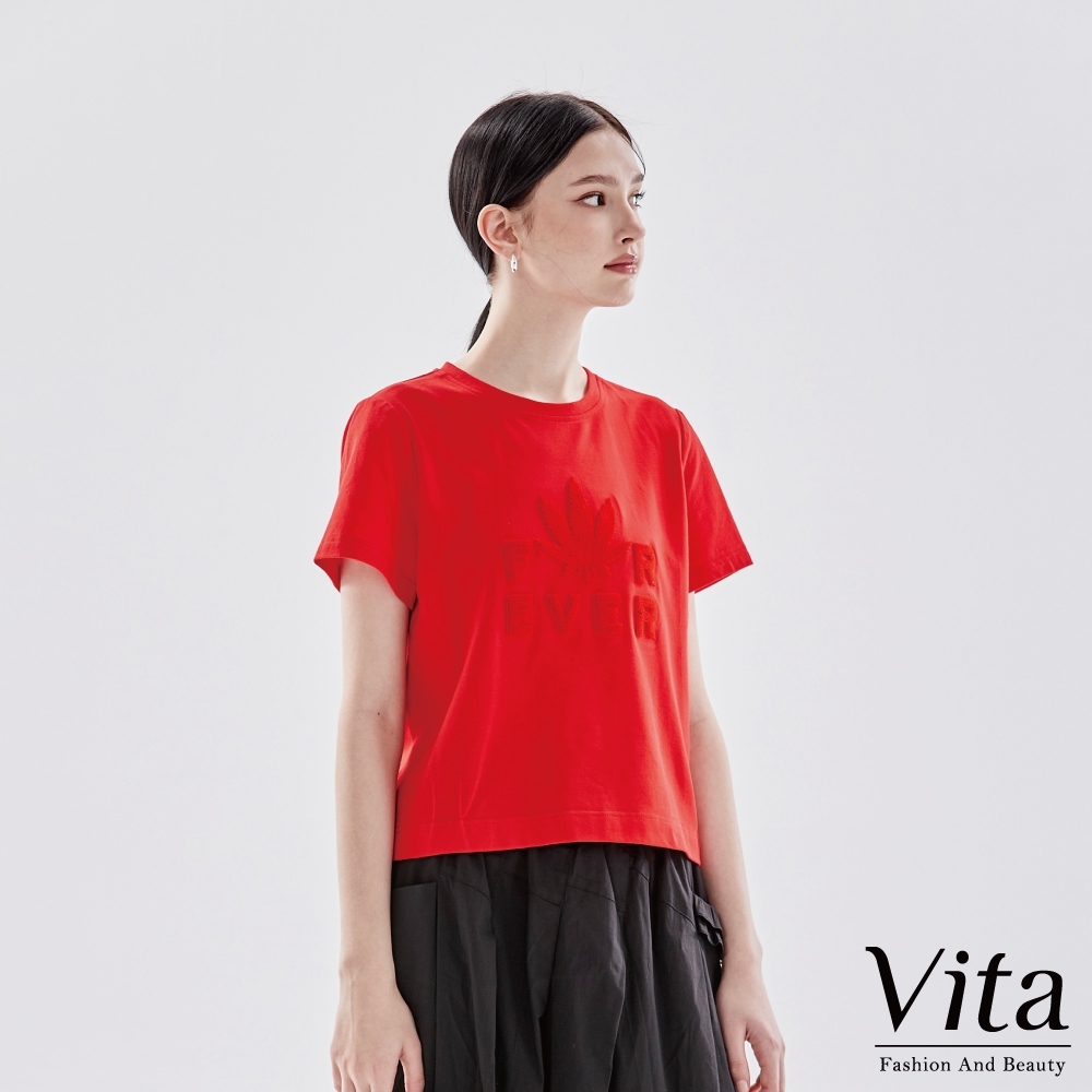 【Vita】高含棉立體圖案五分袖上衣-紅