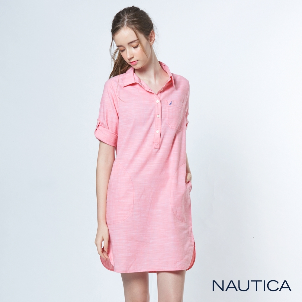 Nautica女裝素面半開襟七分袖長洋裝-粉紅