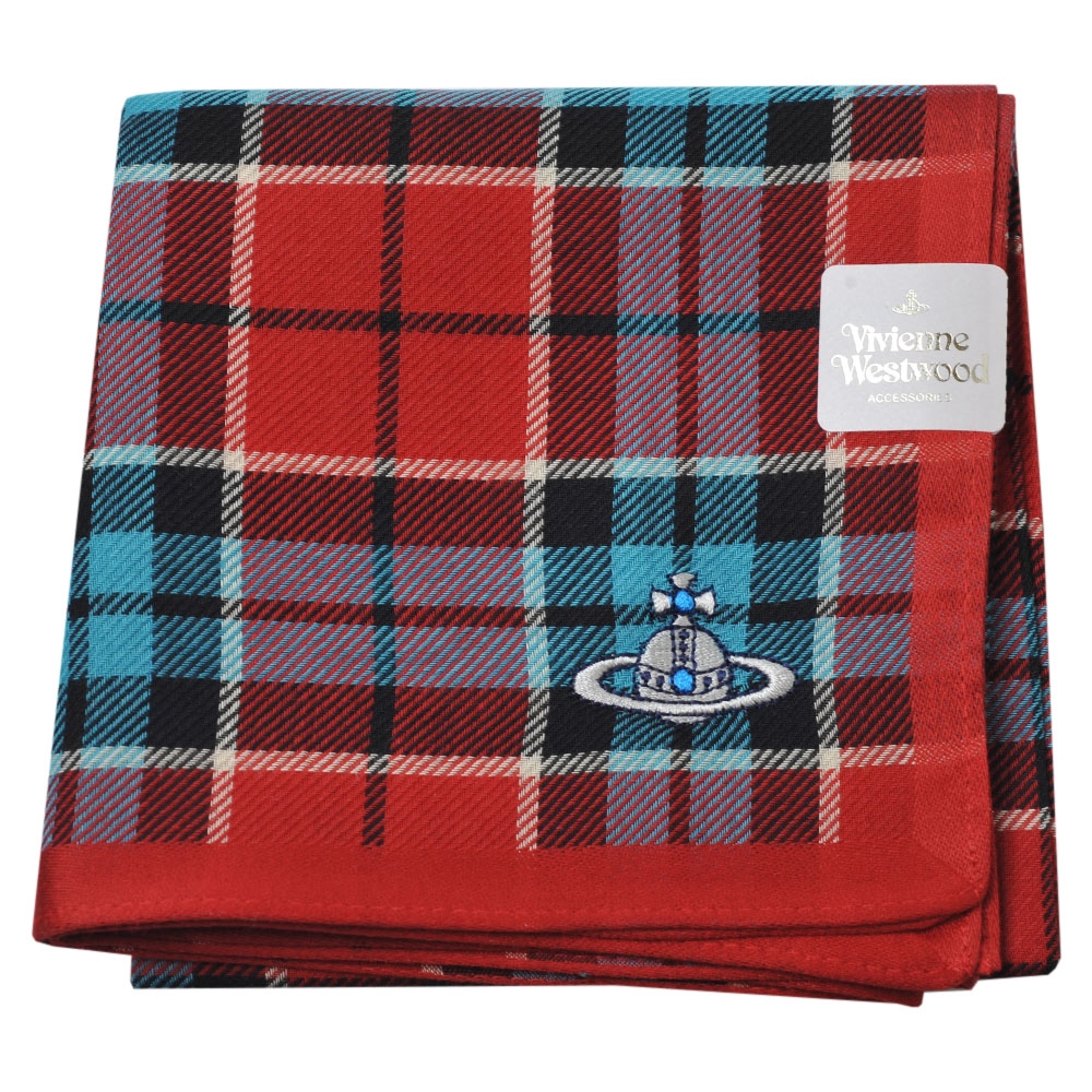 VIVIENNE WESTWOOD 經典蘇格蘭紋行星LOGO刺繡圖騰帕領巾(紅/藍色系)