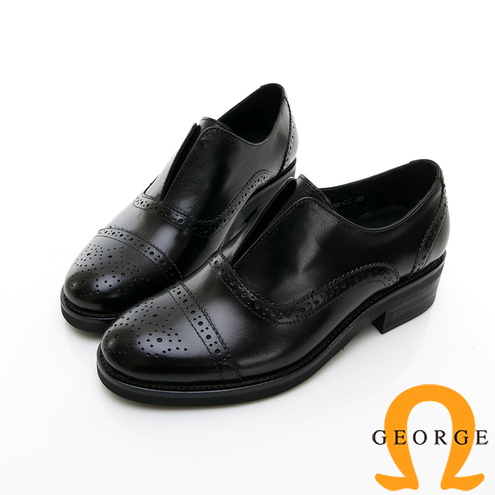 【GEORGE 喬治皮鞋】英倫經典雕花牛津中跟鞋-黑色