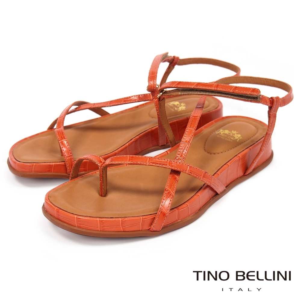 Tino Bellini 巴西進口細帶線條小坡跟夾腳涼鞋-橘紅