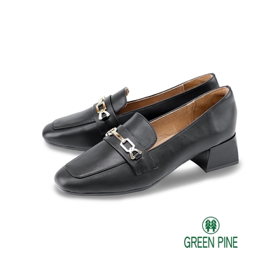 GREEN PINE時髦鎖鏈全真皮粗跟樂福鞋黑色(00323225)