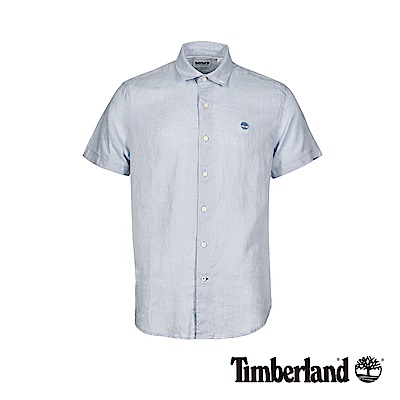 Timberland 男款淡藍修身亞麻短袖襯衫|A1WTJ