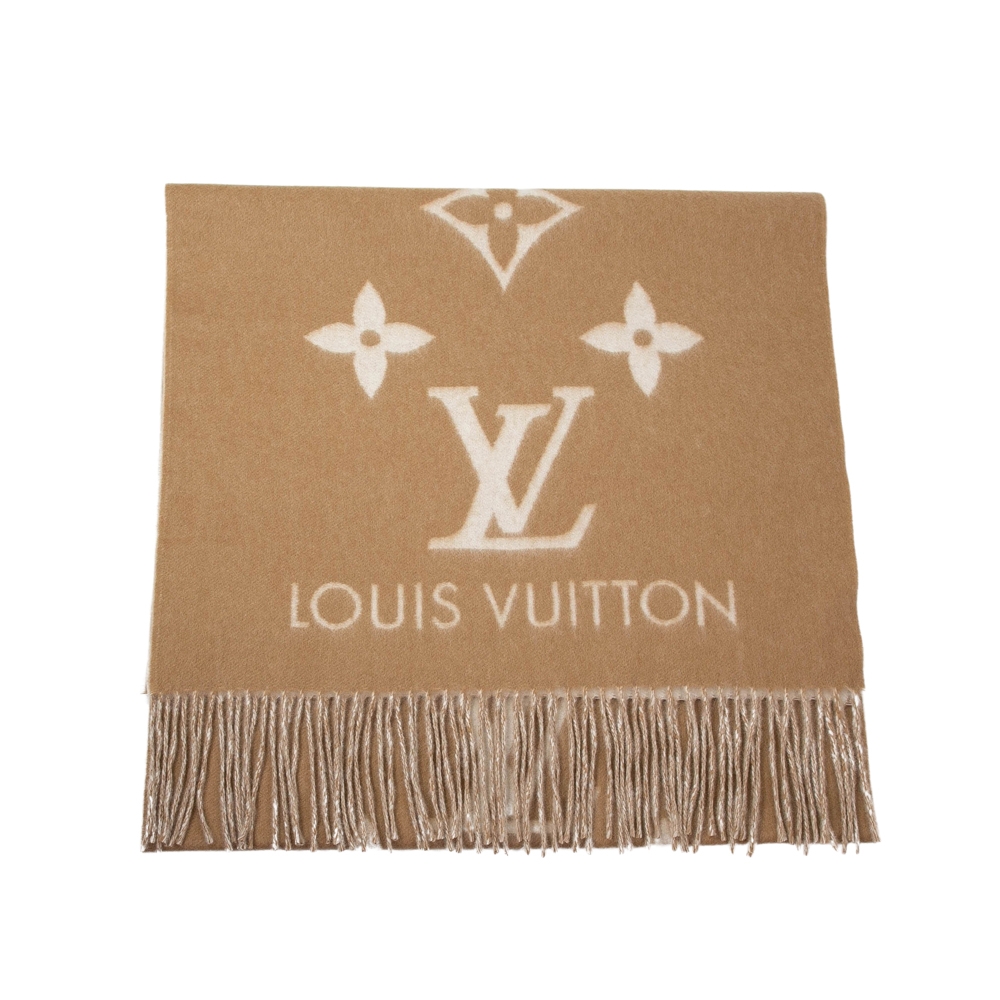 Louis Vuitton M76067 REYKJAVIK 大LOGO圍巾(黃褐色)LV路易威登