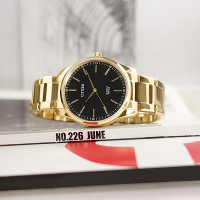 CITIZEN / 簡約時尚 礦石強化玻璃 日本機芯 不鏽鋼手錶-黑x鍍金/42mm