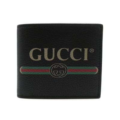 GUCCI 綠紅綠印花LOGO牛皮8卡黑對折短夾