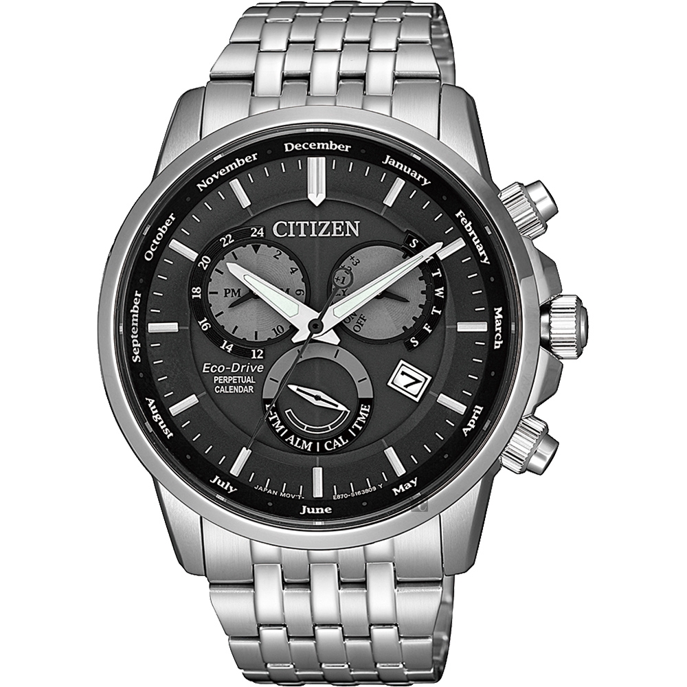 CITIZEN 星辰 光動能萬年曆手錶-灰x銀/42mm BL8150-86H