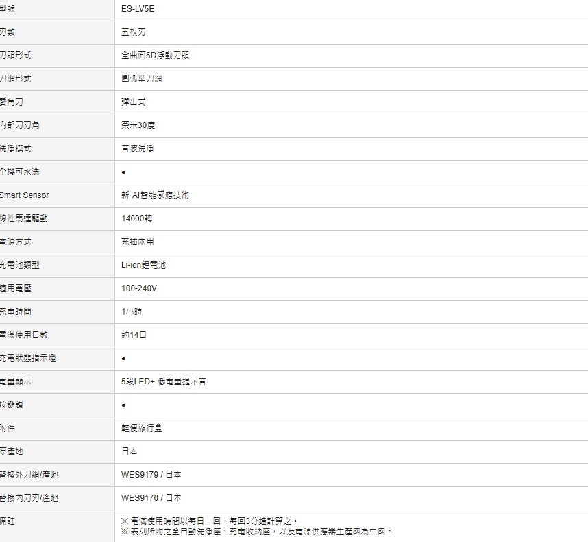 快速到貨)Panasonic 國際牌日製防水五刀頭充電式電鬍刀ES-LV5E-K