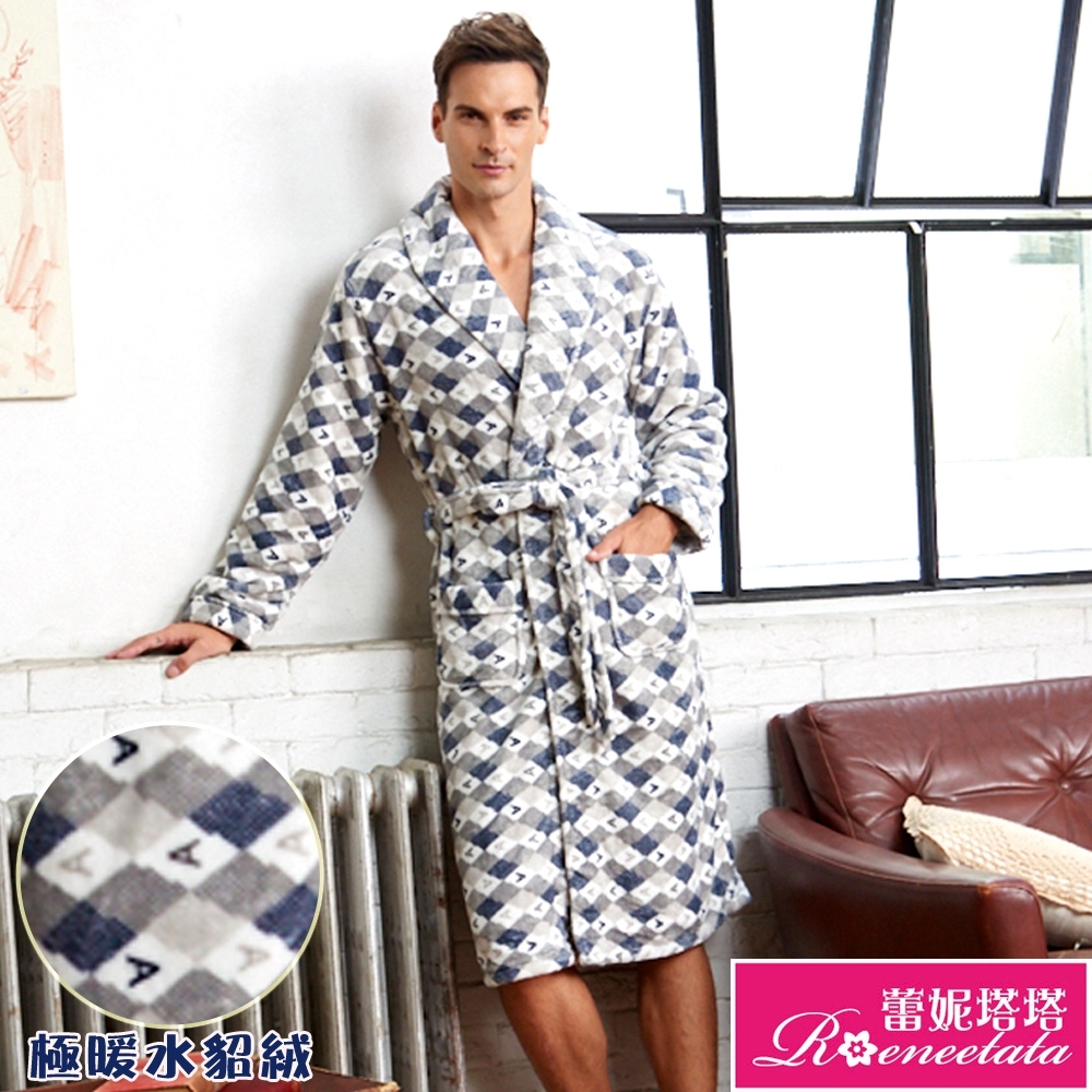 睡袍 極暖水貂絨男性睡袍(R80226-6灰藍格紋)蕾妮塔塔