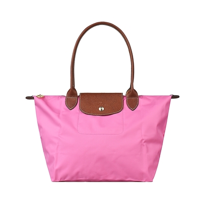 LONGCHAMP LE PLIAGE奔馬壓印LOGO尼龍摺疊款長把拉鍊肩背水餃包(小/牡丹粉)