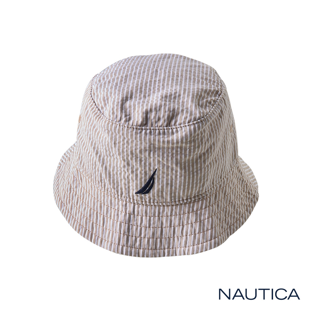 Nautica 簡約條紋LOGO刺繡漁夫帽-卡其色