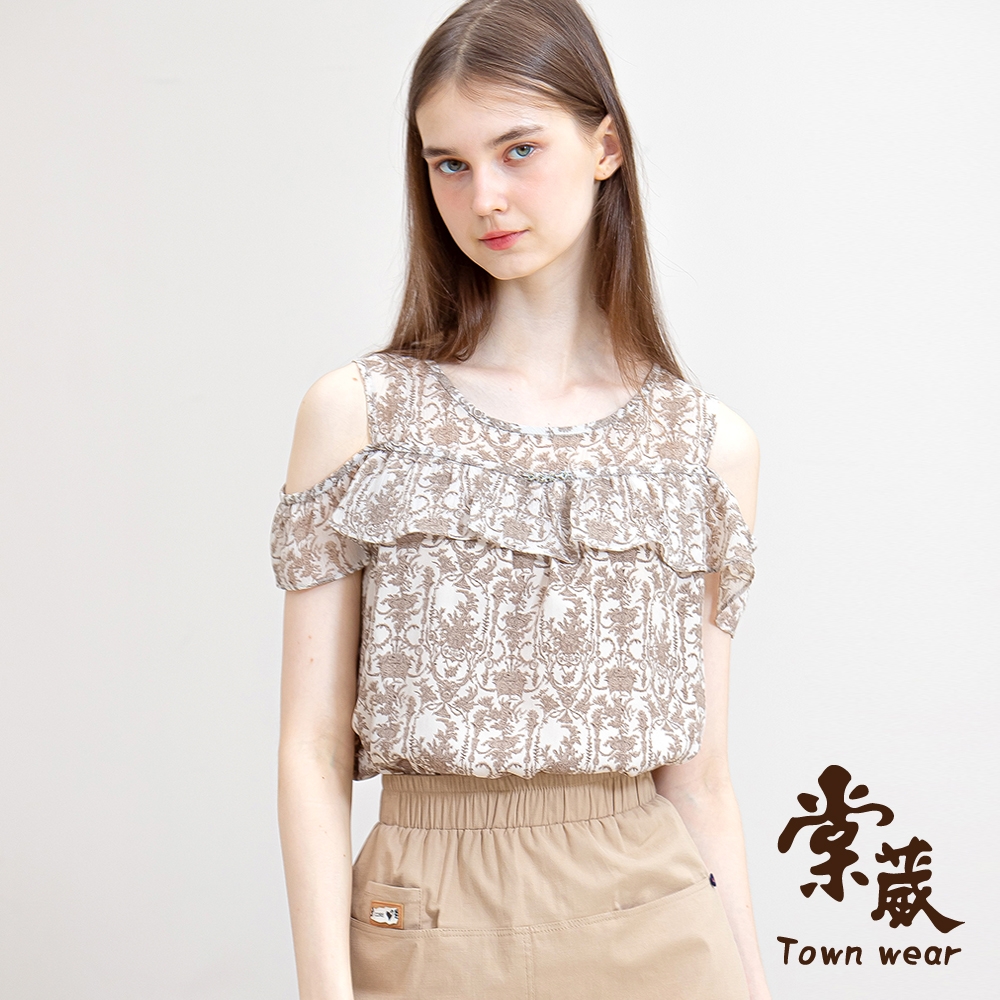 【TOWNWEAR棠葳】歐風圖騰露肩上衣(中大尺碼/女上衣/女上著/鑽飾/印花/氣質/滿版/荷葉)