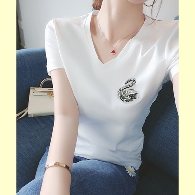 綻放  白天鵝鑲鑽裝飾T恤上衣-白色V領-62327(M-2XL可選)