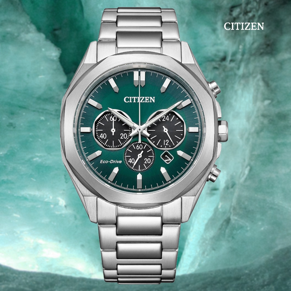 CITIZEN 星辰 Chronograph 光動能 碼錶計時 潮男不鏽鋼腕錶-綠41mm CA4590-81X