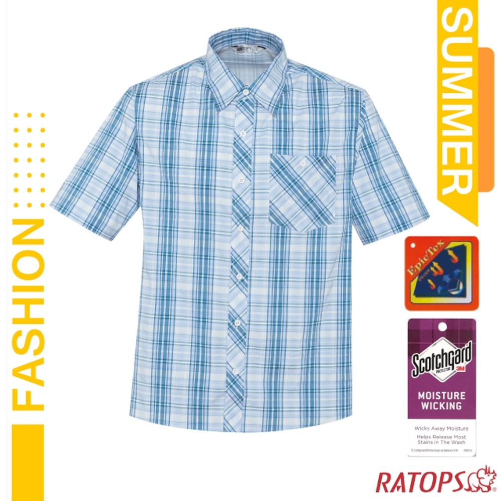 瑞多仕-RATOPS 男款 短袖彈性格子襯衫(胸前口袋/衣領設計).休閒衫_DA2503 寶石藍/淺水藍
