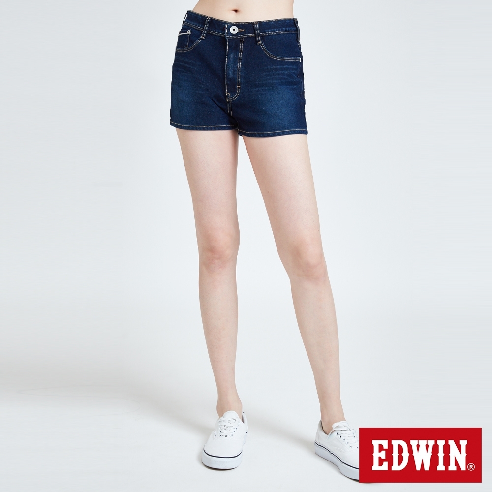 EDWIN JERSEYS 迦績 EJ2 透氣涼感中腰寬鬆 牛仔短褲-女-酵洗藍