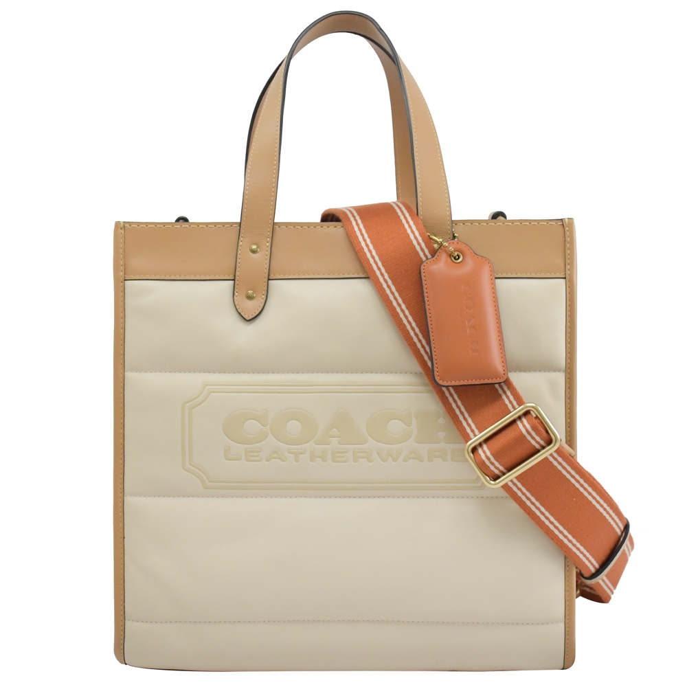 COACH FIELD 經典大LOGO簡約拼色寬背帶兩用托特包(杏棕 大)