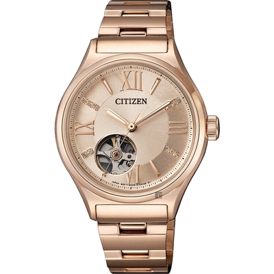 CITIZEN 星辰 Lady 晶鑽小鏤空機械錶 母親節送禮-玫瑰金/33mm PC1003-58X