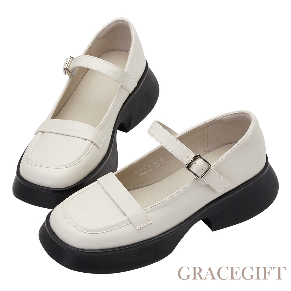 【Grace Gift】氣質班花方頭瑪莉珍樂福鞋 米白