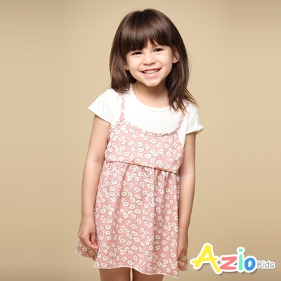 Azio kids美國派 女童 洋裝 滿版小花印花假兩件吊帶短袖洋裝(粉)