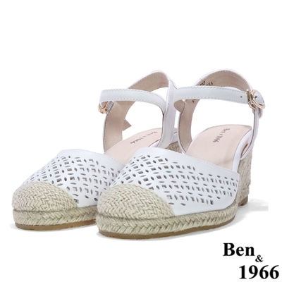 Ben&1966高級頭層牛皮沖孔編織楔型涼鞋-白(216112)