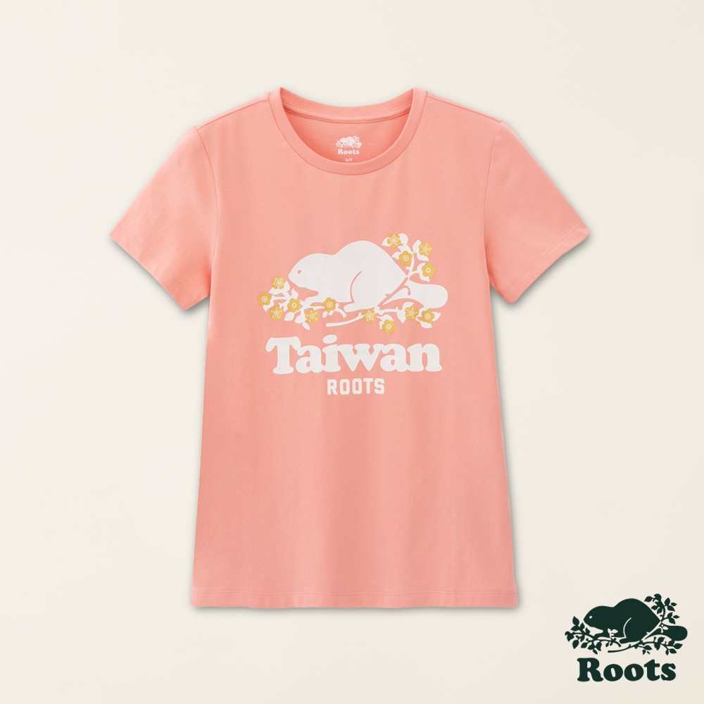 Roots女裝-Taiwan Day系列 梅花海狸LOGO修身短袖T恤-珊瑚粉