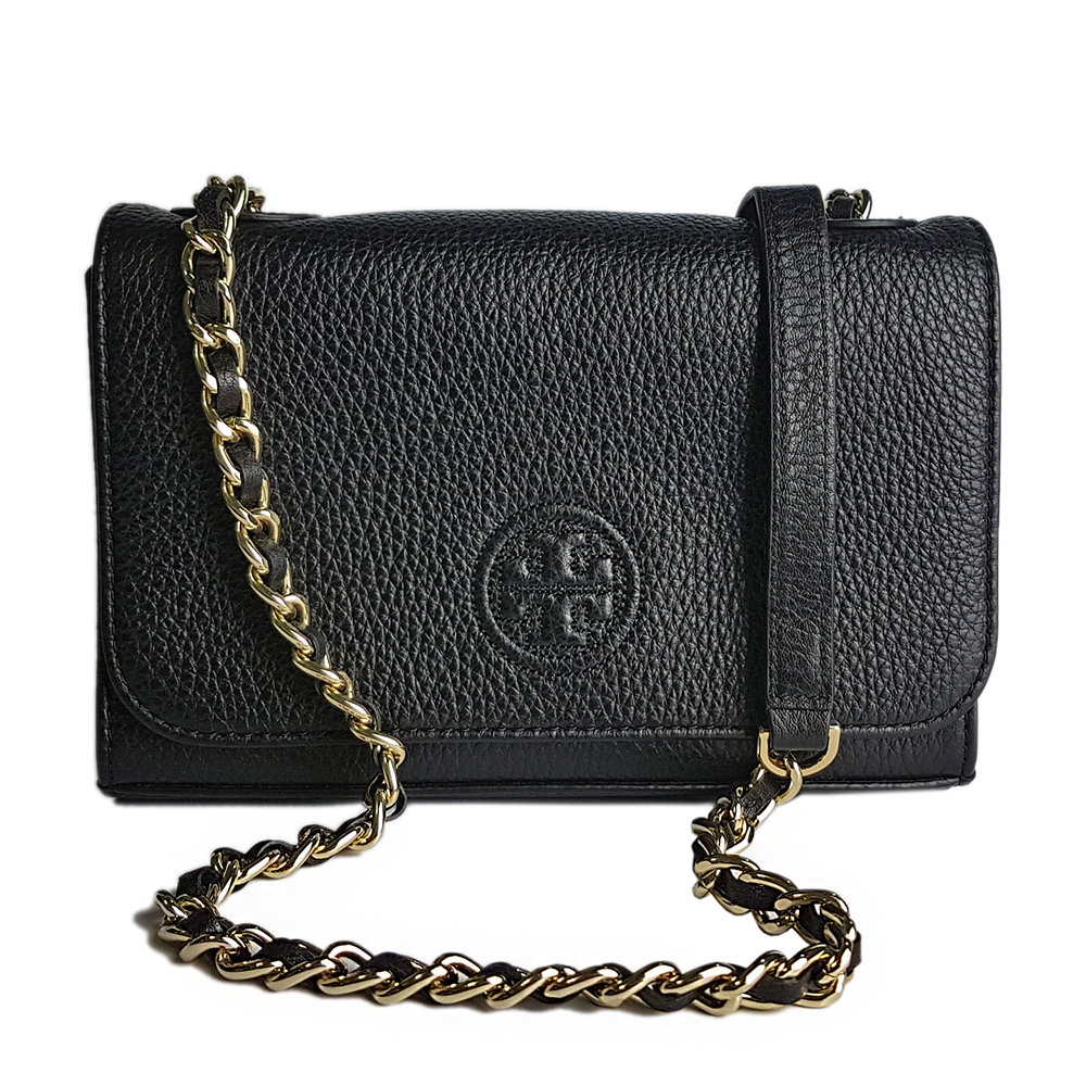 TORY BURCH Bombe 荔枝紋皮革金屬鍊帶包-黑