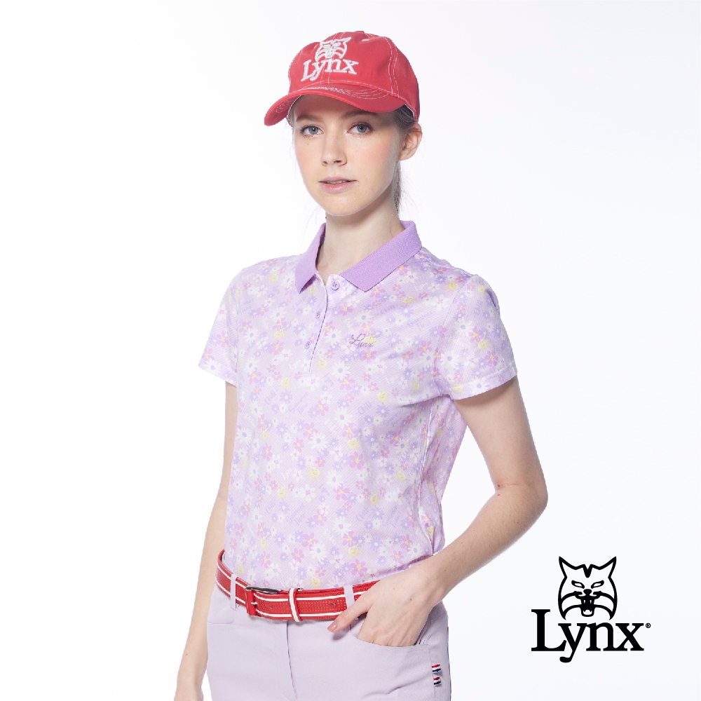 【Lynx Golf】女款純棉雙絲光滿版小碎花花布短袖POLO衫/高爾夫球衫-淺紫色