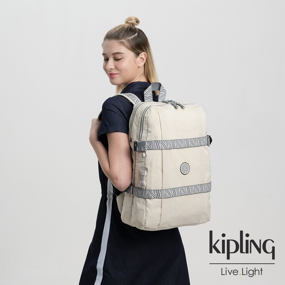 Kipling 冰雪象牙白前後雙層收納長形後背包-TAMIKO