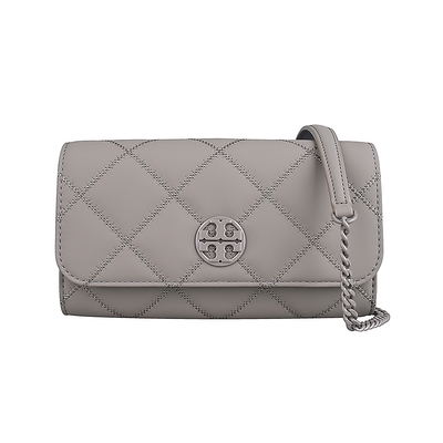 TORY BURCH Willa經典圓牌LOGO菱格紋皮革吸釦斜背包(灰)