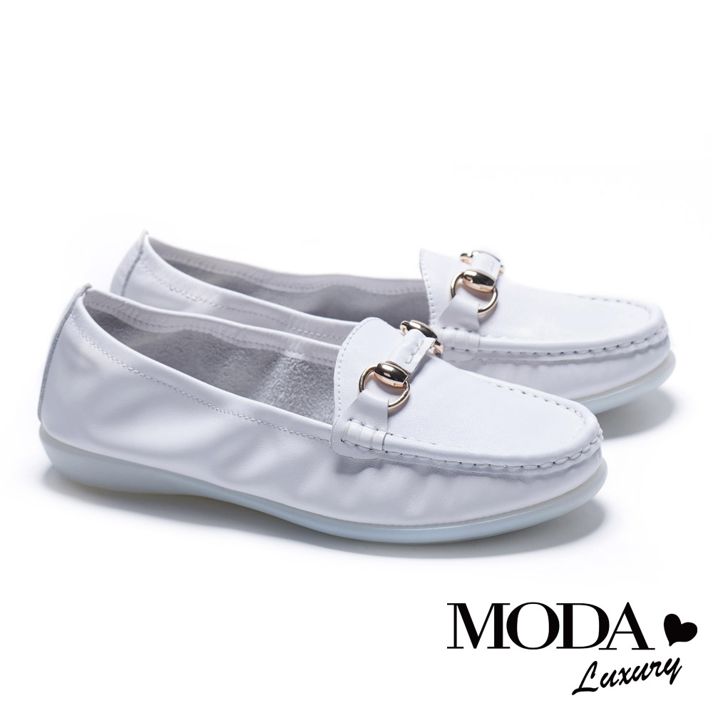 休閒鞋 MODA Luxury 簡約百搭馬銜釦全真皮莫卡辛厚底休閒鞋－白