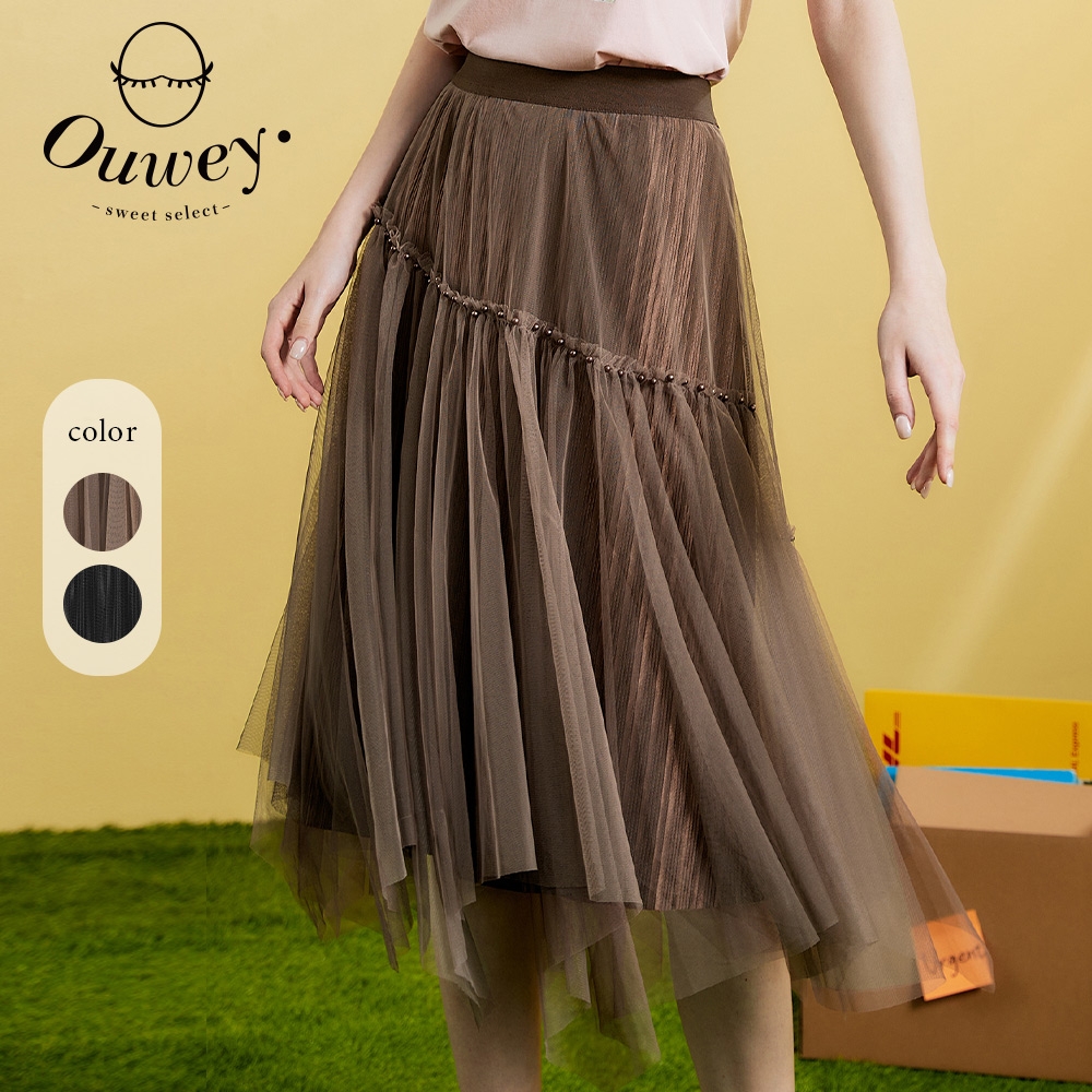 OUWEY歐薇 唯美壓褶拼接不規則網紗裙(兩色；S-L)3222072229