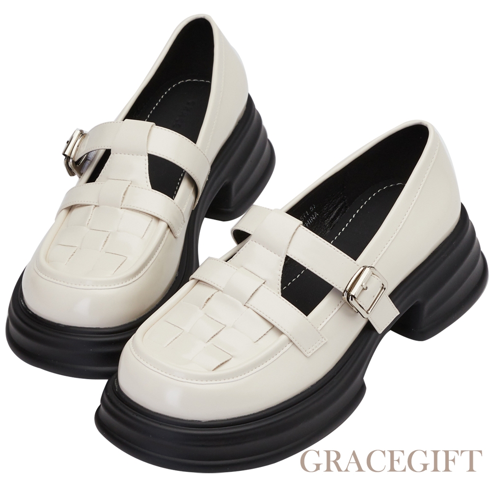 【Grace Gift】編織皮革圓頭樂福瑪莉珍鞋 白漆