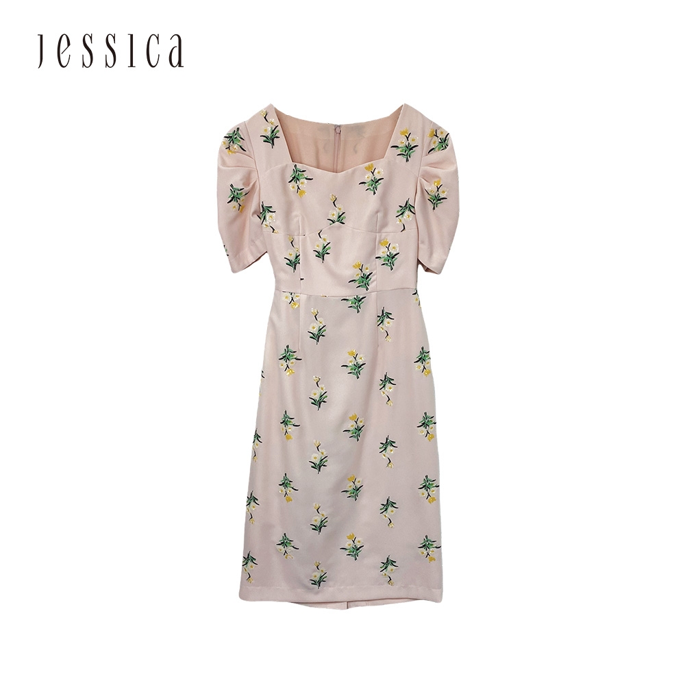 JESSICA - 時尚減齡柔軟修身蓬蓬袖印花洋裝22337C