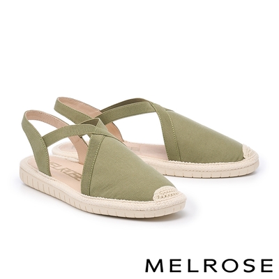 厚底鞋 MELROSE 美樂斯 度假風草編拼接帆布後鬆緊寬帶厚底鞋－綠