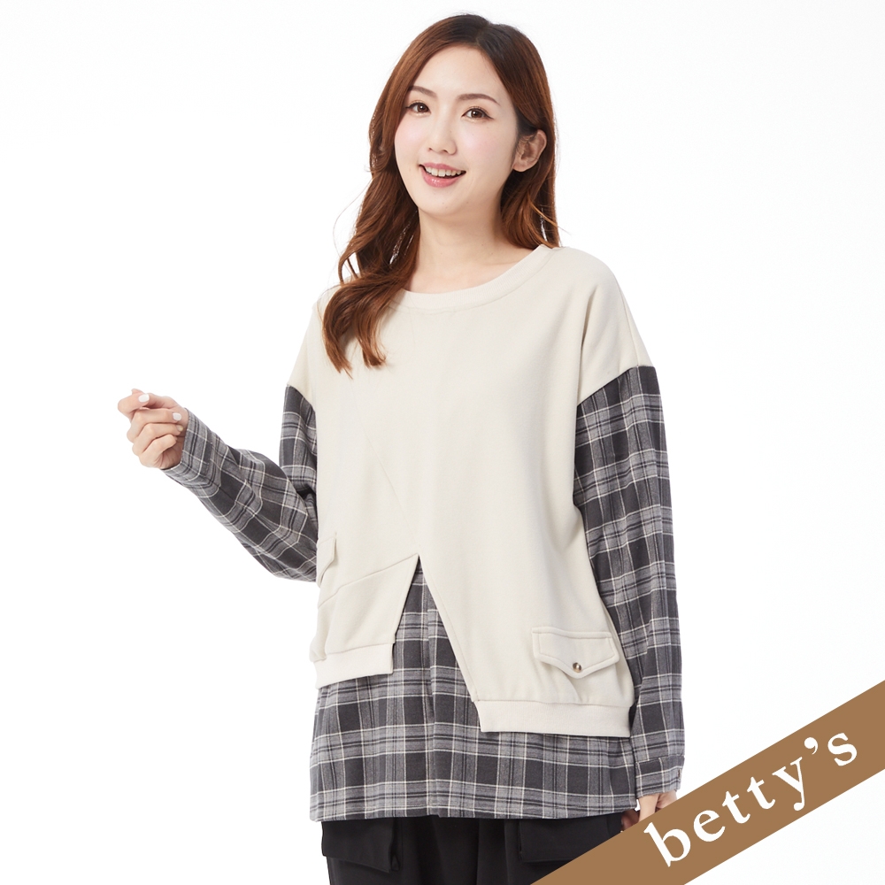 betty’s貝蒂思　假兩件不對稱開衩格子上衣(米白)