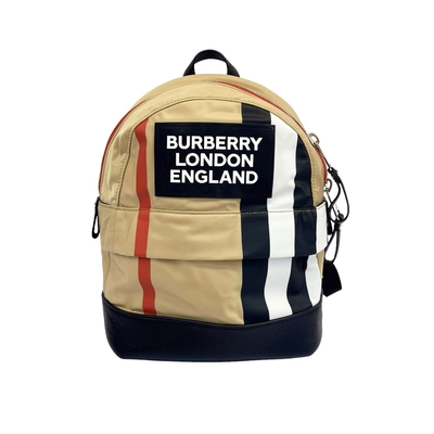 BURBERRY 品牌經典字母LOGO 黑色小牛皮拚尼龍格紋後背包(兒童款 背帶尺寸55CM)