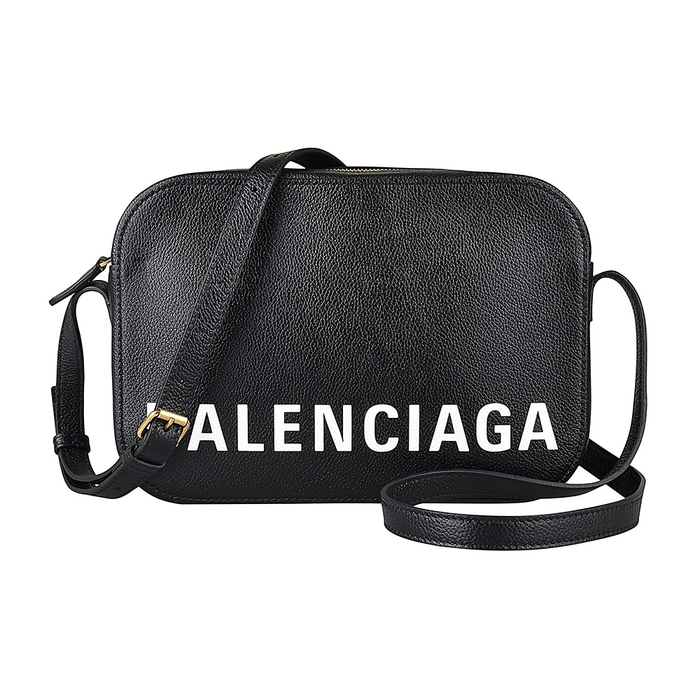 BALENCIAGA 巴黎世家VILLE白字LOGO荔枝紋牛皮拉鍊斜背相機包(黑)