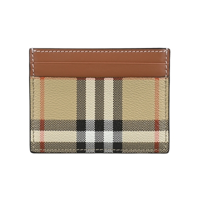 Burberry Sandon內裡印字LOGO格紋帆布結合質感小牛皮4卡開放式卡夾(典藏米x棕)