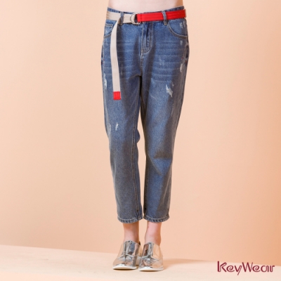 KeyWear奇威名品    創意時尚剪破踩腳牛仔褲-藍色