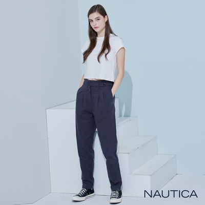 Nautica女裝 雙活褶直筒休閒長褲-灰