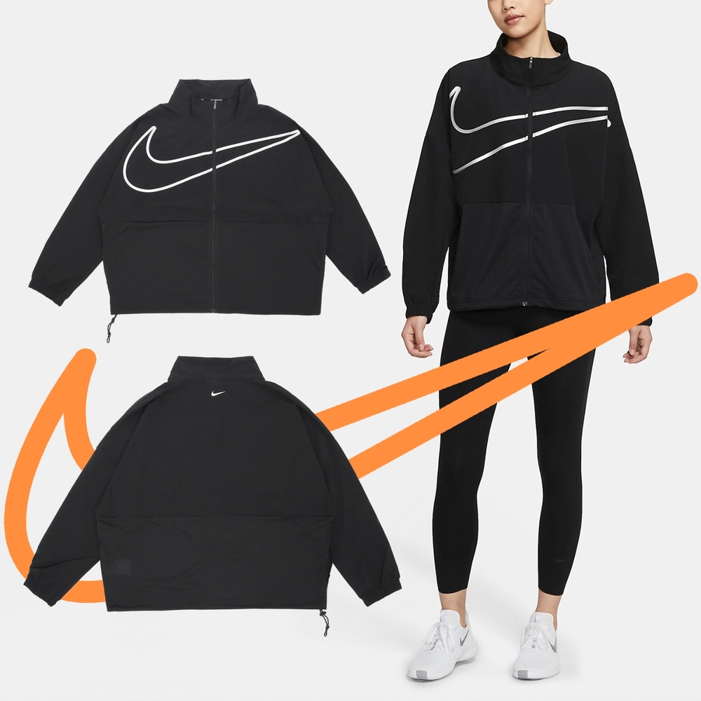 Nike 外套 Pro Woven Full Zip 女款 黑 銀 立領 寬版 大勾勾 落肩 DA0498-010