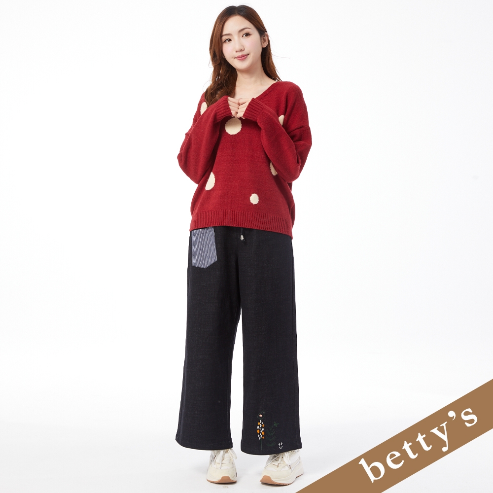 betty’s貝蒂思　腰鬆緊條紋口袋刺繡牛仔寬褲(黑色)