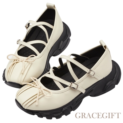 【Grace Gift】蝴蝶結細帶厚底芭蕾瑪莉珍休閒鞋 米白