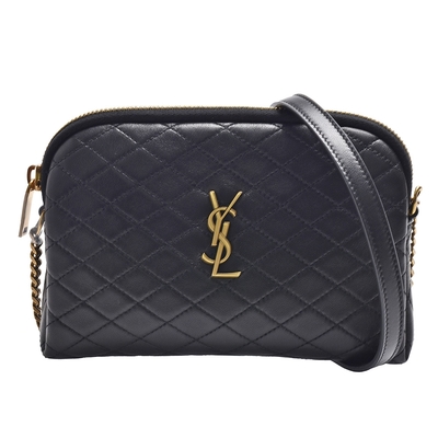 YSL 經典GABY系列菱格紋絎縫小羊皮金色金屬LOGO斜背包(小-黑)