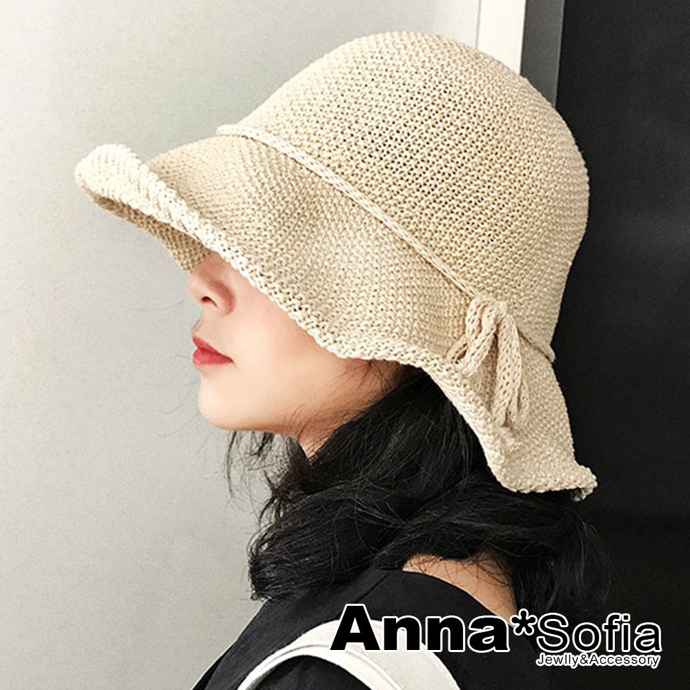 AnnaSofia 日式慵懶風線織 軟式遮陽防曬漁夫帽盆帽(杏系)