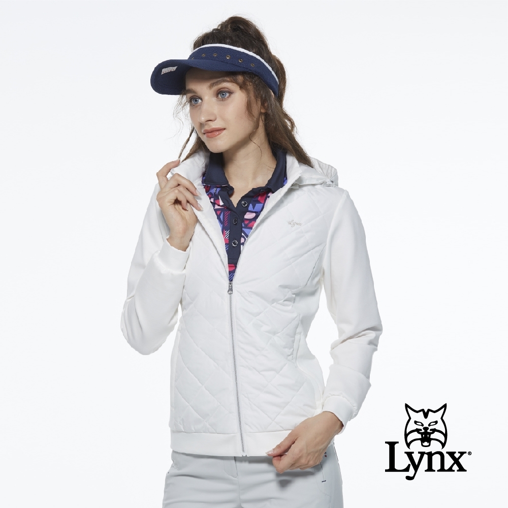 【Lynx Golf】女款防水鋪棉菱格紋羅馬布拼接可拆式連帽長袖外套-牙白色