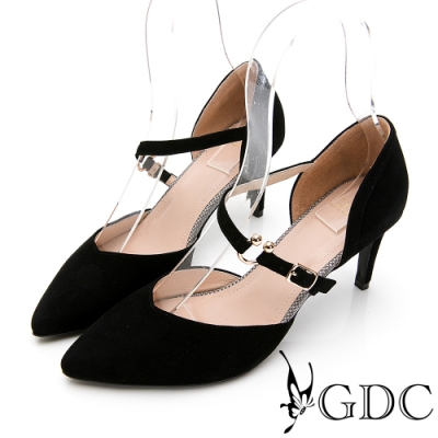 GDC-俏麗佳人羊皮設計感繞帶中空尖頭涼跟鞋-黑色