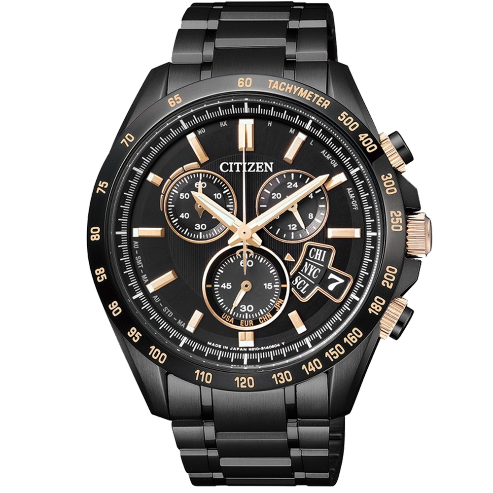 CITIZEN 五局電波計時腕錶(BY0135-57E)-黑x金/42mm