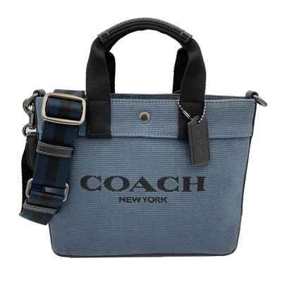 COACH 字母LOGO帆布手提/斜背兩用托特包(小款-藍)